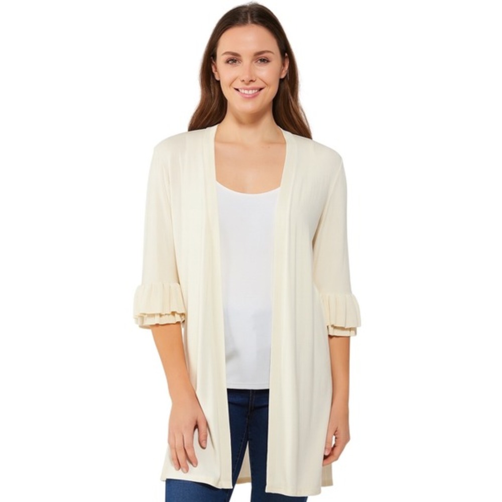 GRACE ELEMENTS Cream Knit Cardigan Ruffle Sleeve Duster S Lagenlook 91-27